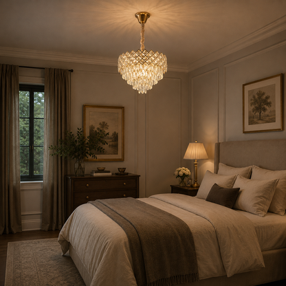 Lampadario Cristallo VECTORIA Elegance 8xE14, Diametro 48cm, Oro, Altezza Regolabile, Metallo e Cristallo