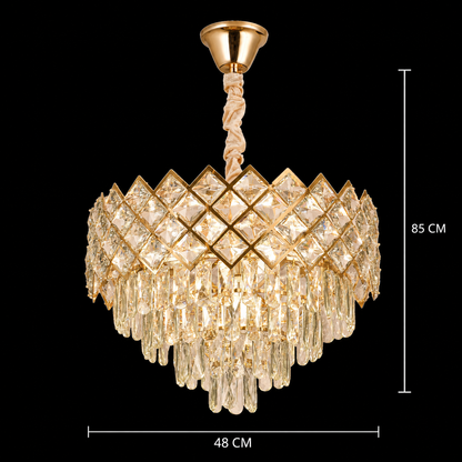 Lampadario Cristallo VECTORIA Elegance 8xE14, Diametro 48cm, Oro, Altezza Regolabile, Metallo e Cristallo