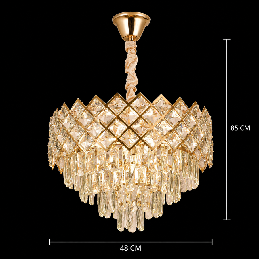 Lampadario Cristallo VECTORIA Elegance 8xE14, Diametro 48cm, Oro, Altezza Regolabile, Metallo e Cristallo