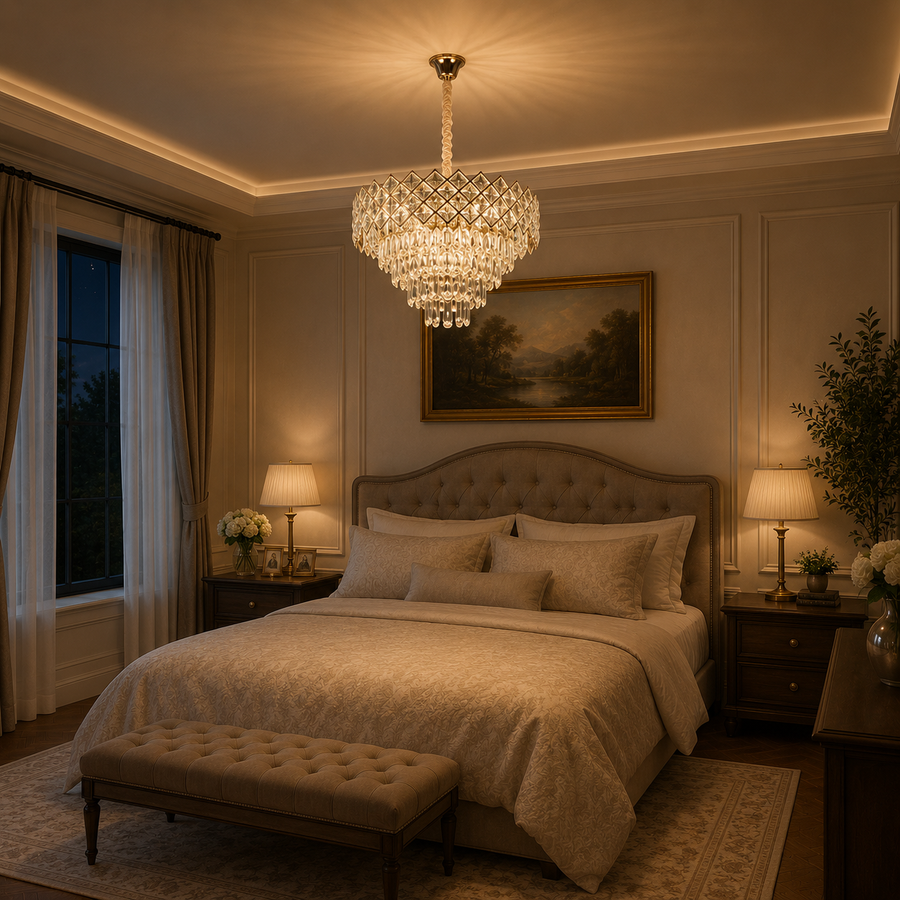 Lampadario Cristallo VECTORIA Magno 8xE14, Diametro 58cm, Oro, Altezza Regolabile, Metallo e Cristallo