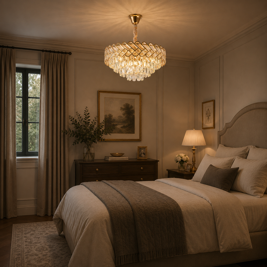 Lampadario Cristallo VECTOR Elegance 8xE14, Diametro 48cm, Oro Lucido, Altezza Regolabile, Metallo e Cristallo