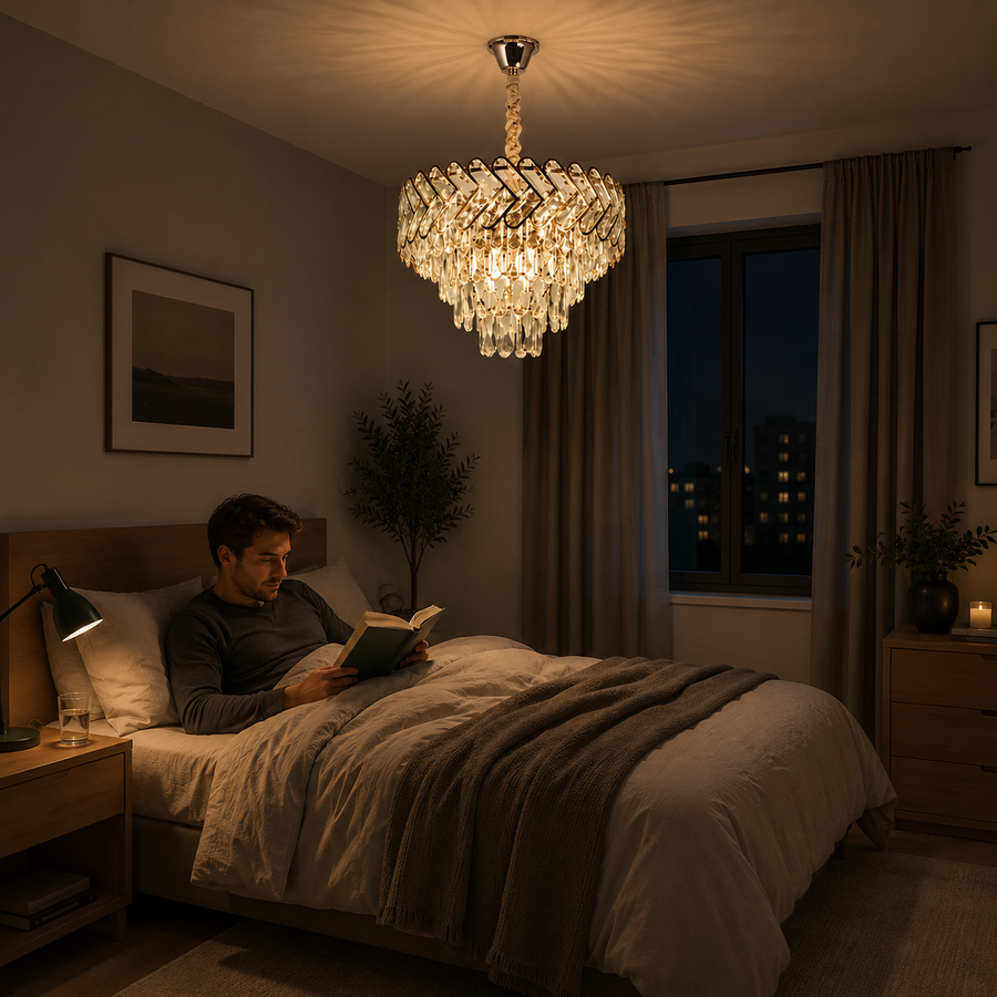 Lampadario Cristallo VECTOR Magno 8xE14, Diametro 58cm, Oro Lucido, Altezza Regolabile, Metallo e Cristallo