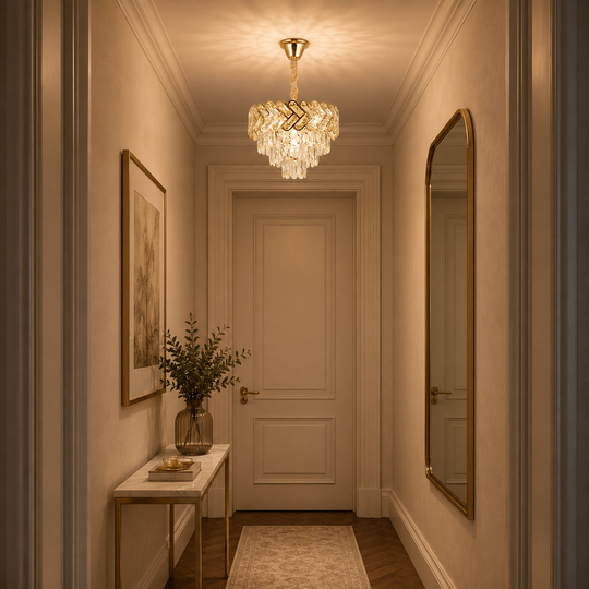 Lampadario Cristallo VECTOR Nobile 5xE14, Diametro 39cm, Oro Lucido, Altezza Regolabile, Metallo e Cristallo