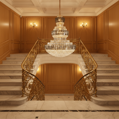 VELIOR Grande Lampadario in cristallo 49xE14, D120 cm, Oro, Altezza regolabile, Metallo e cristallo