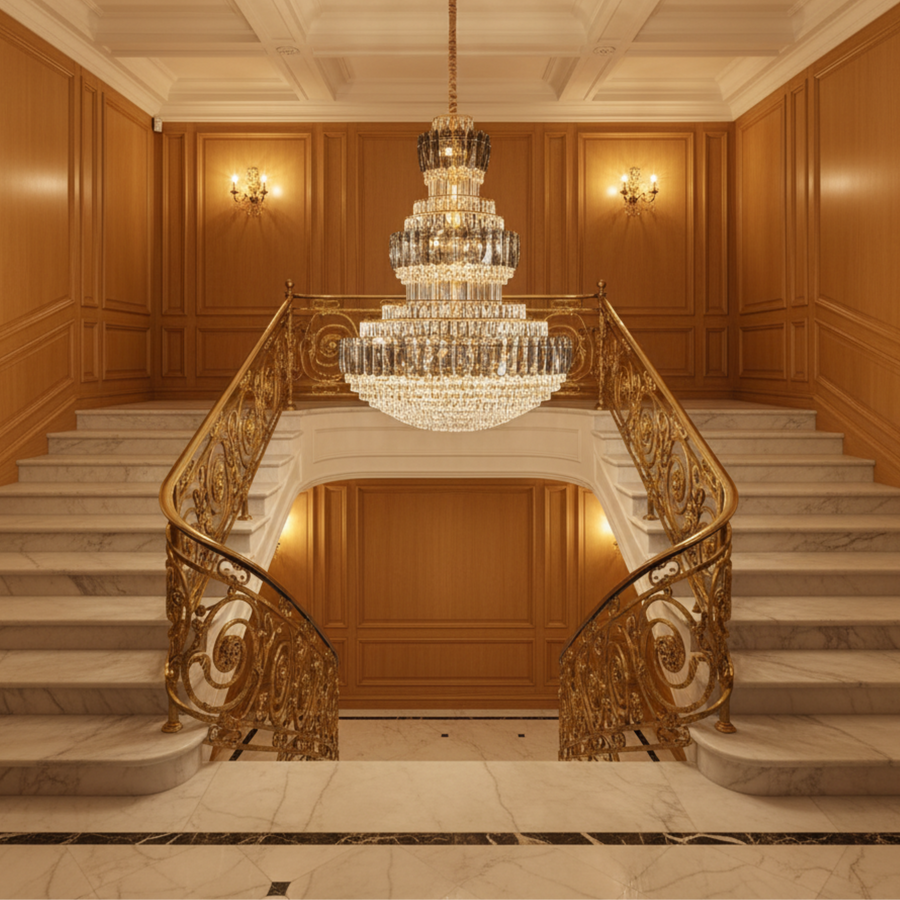 VELIOR Grande Lampadario in cristallo 49xE14, D120 cm, Oro, Altezza regolabile, Metallo e cristallo