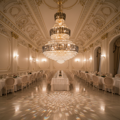 VELIOR Grande Lampadario in cristallo 49xE14, D120 cm, Oro, Altezza regolabile, Metallo e cristallo