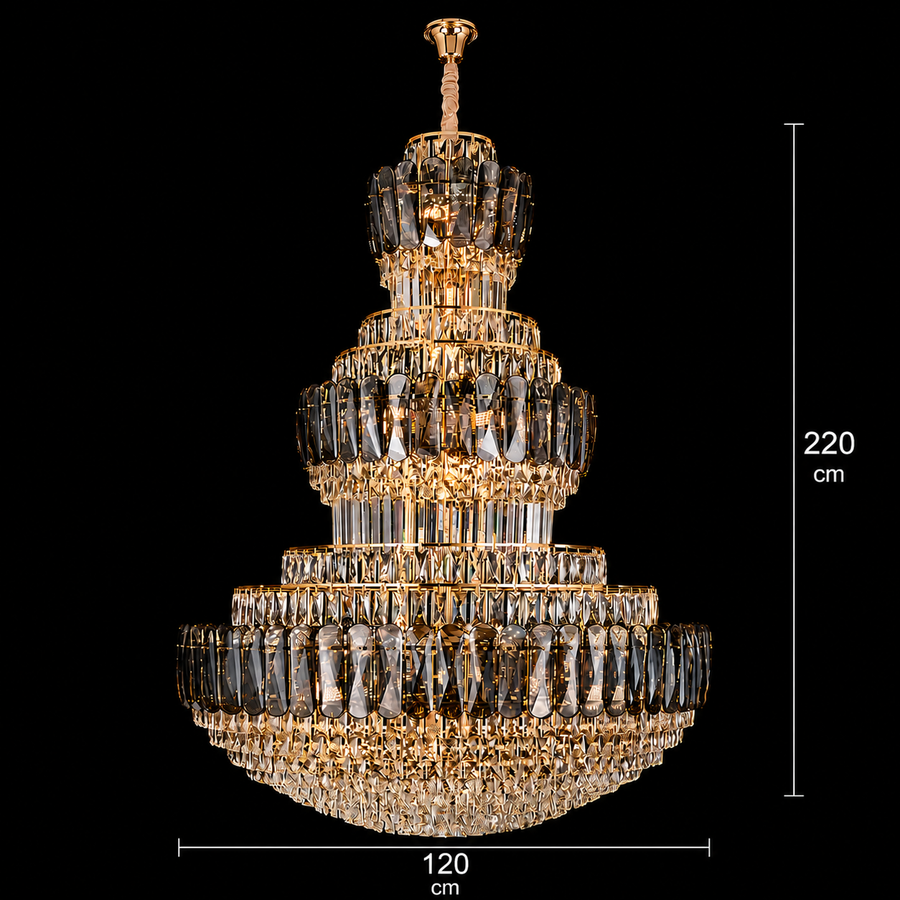 VELIOR Grande Lampadario in cristallo 49xE14, D120 cm, Oro, Altezza regolabile, Metallo e cristallo