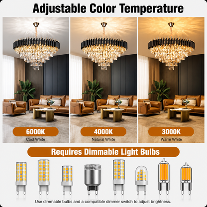 Lampadario in Cristallo VERSAILLES Supremo 12xE14, Diametro 80cm, Oro Lucido e Nero, Altezza Regolabile