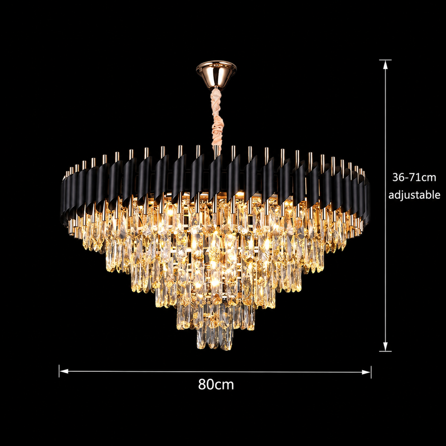 Lampadario in Cristallo VERSAILLES Supremo 12xE14, Diametro 80cm, Oro Lucido e Nero, Altezza Regolabile
