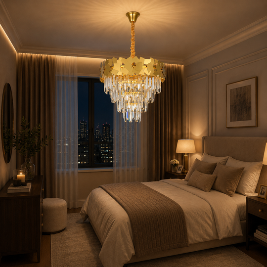 YAKUTSK Lampadario in cristallo Eleganza 10xE14, diametro 50 cm, oro, altezza regolabile