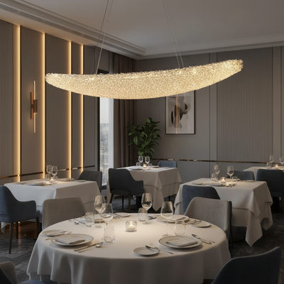 Lampadario Moderno in Cristallo, Telecomando, PRAGA, 125W, Luce Calda/Neutra/Fredda, Lunghezza 160 cm, Oro, Altezza Regolabile