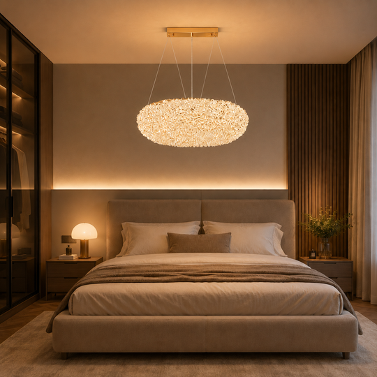 Lampadario Moderno con Cristallo, Telecomando, PRUGU, 42W, Luce Calda/Neutra/Fredda, Lunghezza 35 cm, Oro, Altezza Regolabile