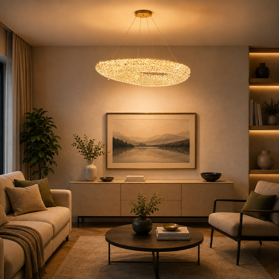 Lampadario Moderno con Cristallo, Telecomando, PRUGU, 65W, Luce Calda/Neutra/Fredda, Lunghezza 35 cm, Oro, Altezza Regolabile