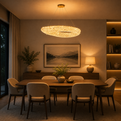 Lampadario Moderno con Cristallo, Telecomando, PRUGU, 65W, Luce Calda/Neutra/Fredda, Lunghezza 35 cm, Oro, Altezza Regolabile