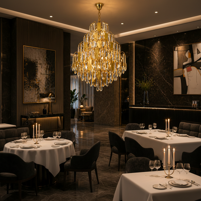 Lampadario in Cristallo TIER Eleganza 10xE14, D50 cm, Oro, Altezza Regolabile, Metallo e Cristallo