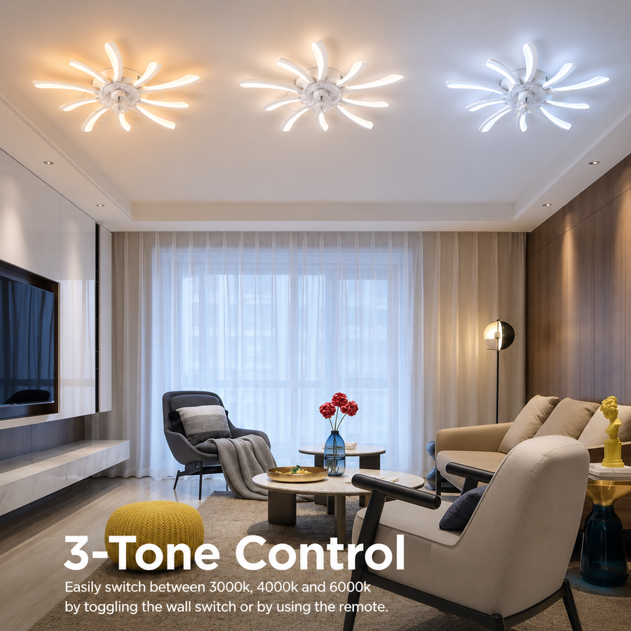VIRTULA Fan Lampadario LED con Telecomando, 29W, D77cm, Luce Fredda/Neutra/Calda, Metallo e Plastica, Bianco
