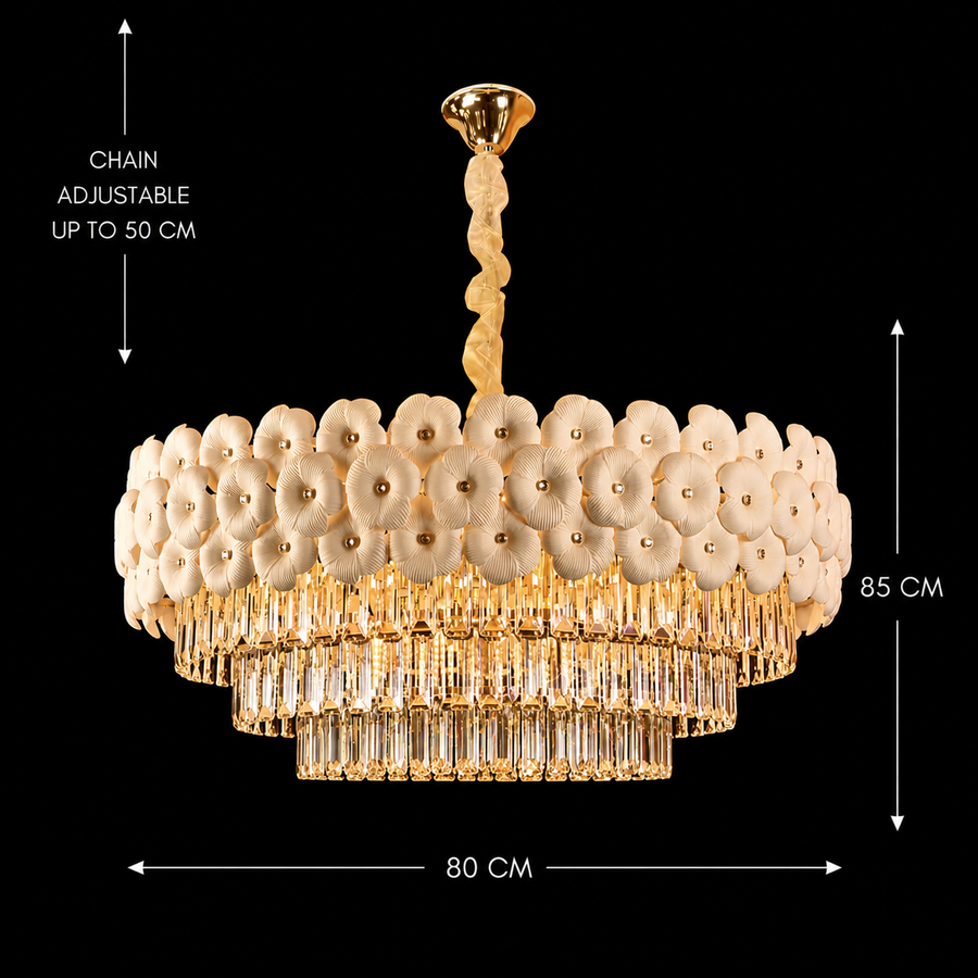 Lampadario in cristallo PETAL Regalis 15xE14, D80 cm, Oro, Altezza regolabile, Metallo e cristallo