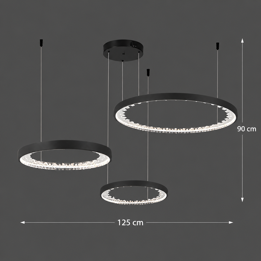 Lustra LED suspendata cu telecomanda, Cristale K9, 117W, 3 Cercuri, lumina Rece/Calda/Neutra, Dimabila, Negru, Inaltime Reglabila