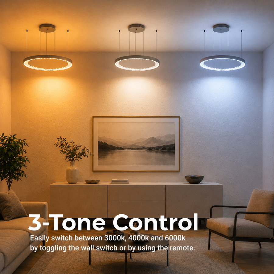 Lustra LED suspendata cu telecomanda, Cristale K9, 117W, 3 Cercuri, lumina Rece/Calda/Neutra, Dimabila, Negru, Inaltime Reglabila