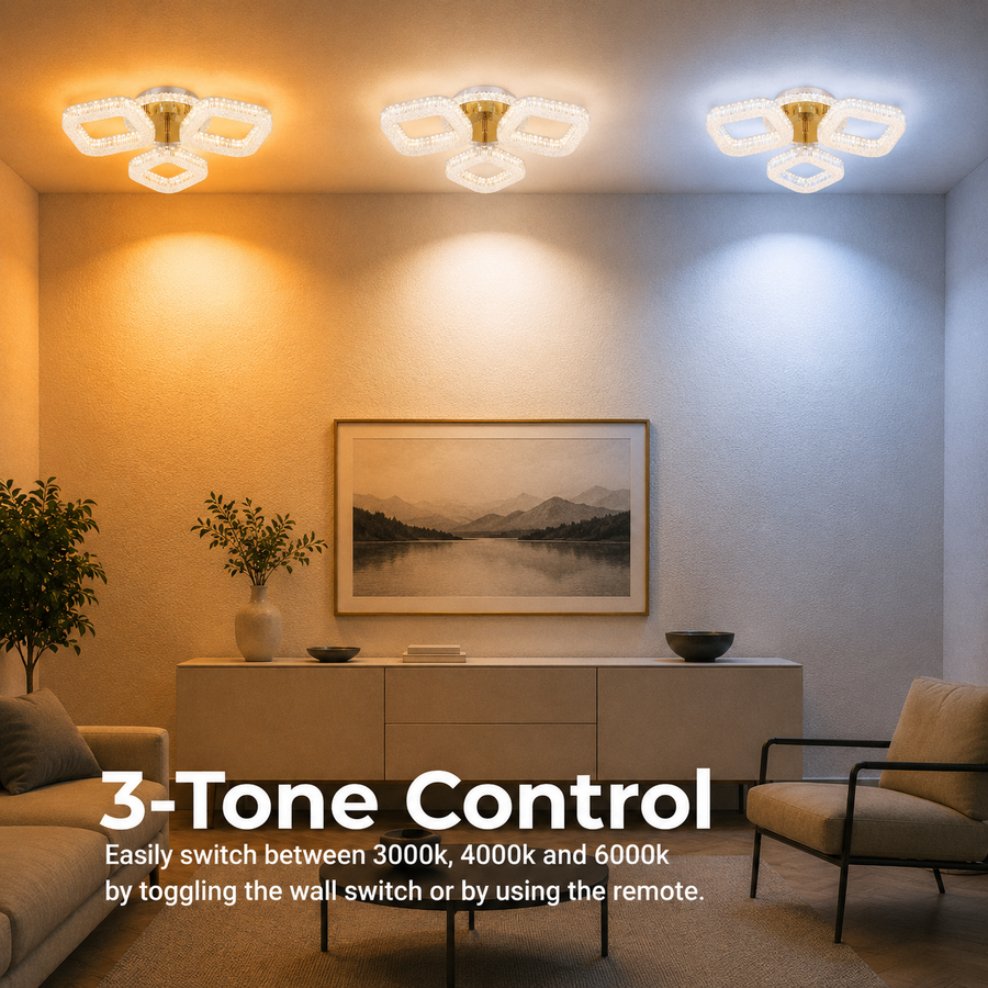 Lustra LED RENATO Nobile cu telecomanda si cristal,  39W, 3 Patrate, Lumina Rece/Calda/Neutra, Dimabila, Auriu