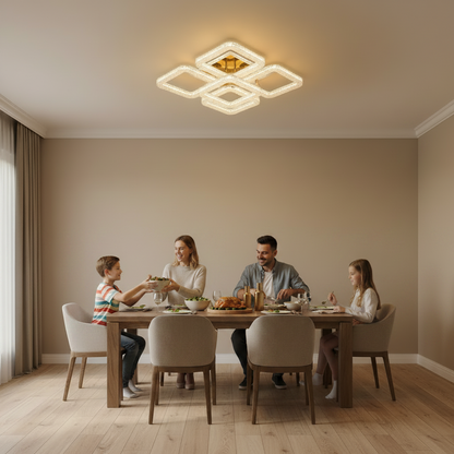RENATO Magno Lampadario LED con telecomando e cristallo, 118W, 5 Quadrati, Luce Fredda/Calda/Neutra, Dimmerabile, Oro