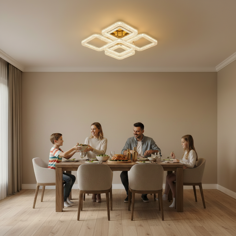 RENATO Magno Lampadario LED con telecomando e cristallo, 118W, 5 Quadrati, Luce Fredda/Calda/Neutra, Dimmerabile, Oro