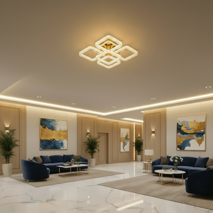RENATO Magno Lampadario LED con telecomando e cristallo, 118W, 5 Quadrati, Luce Fredda/Calda/Neutra, Dimmerabile, Oro