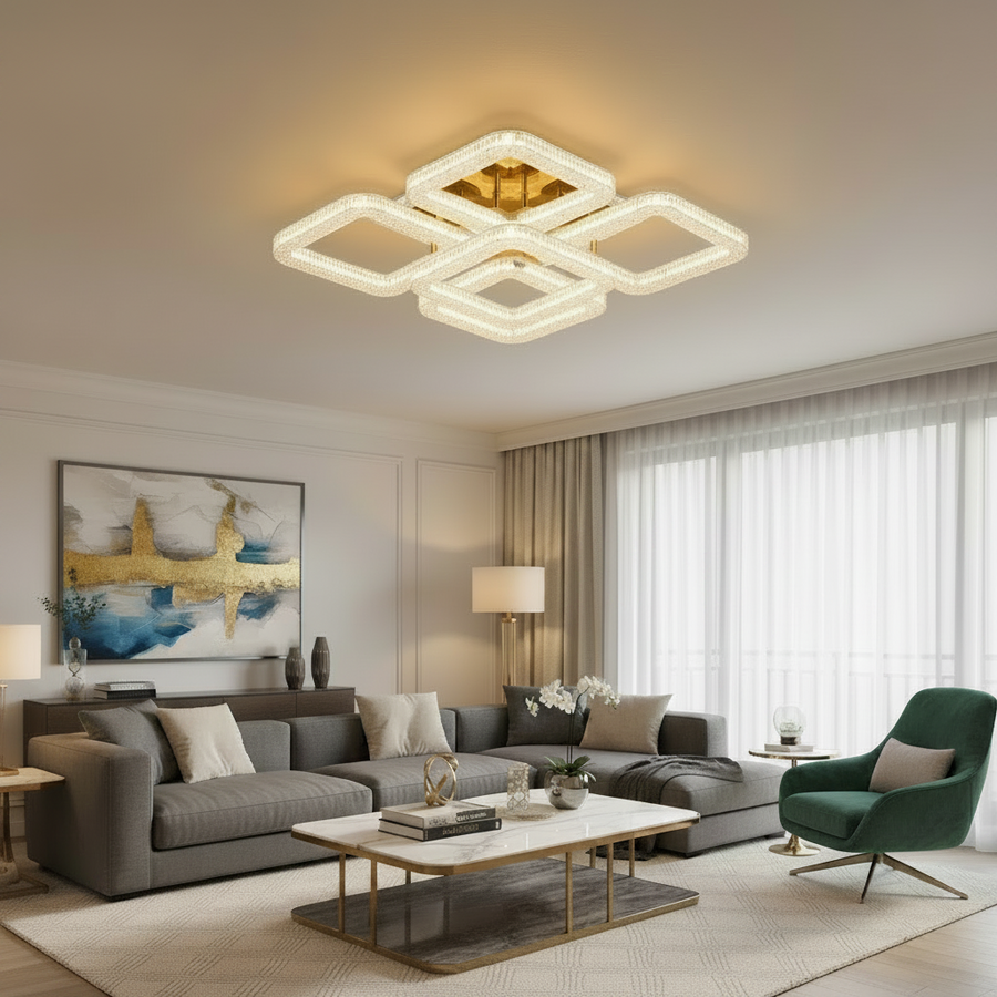 RENATO Magno Lampadario LED con telecomando e cristallo, 118W, 5 Quadrati, Luce Fredda/Calda/Neutra, Dimmerabile, Oro