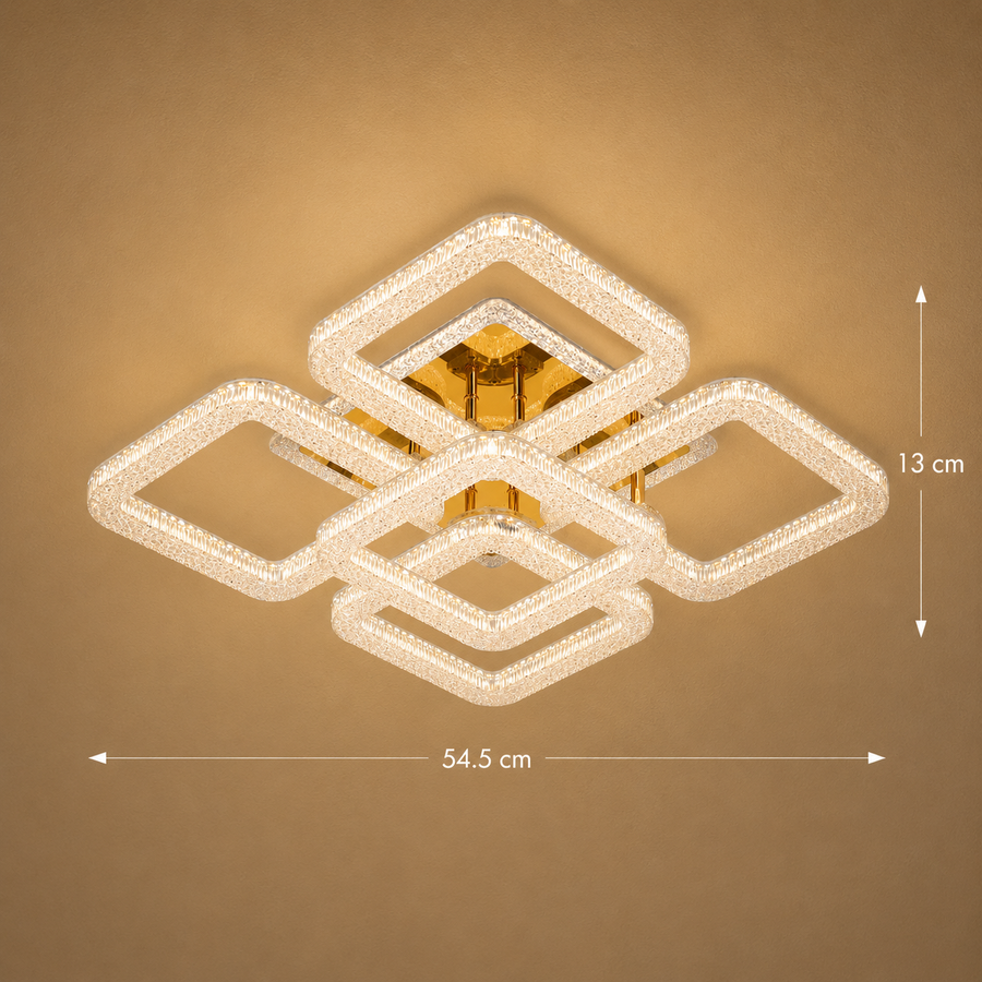 RENATO Magno Lampadario LED con telecomando e cristallo, 118W, 5 Quadrati, Luce Fredda/Calda/Neutra, Dimmerabile, Oro