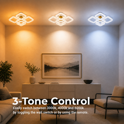 RENATO Magno Lampadario LED con telecomando e cristallo, 118W, 5 Quadrati, Luce Fredda/Calda/Neutra, Dimmerabile, Oro