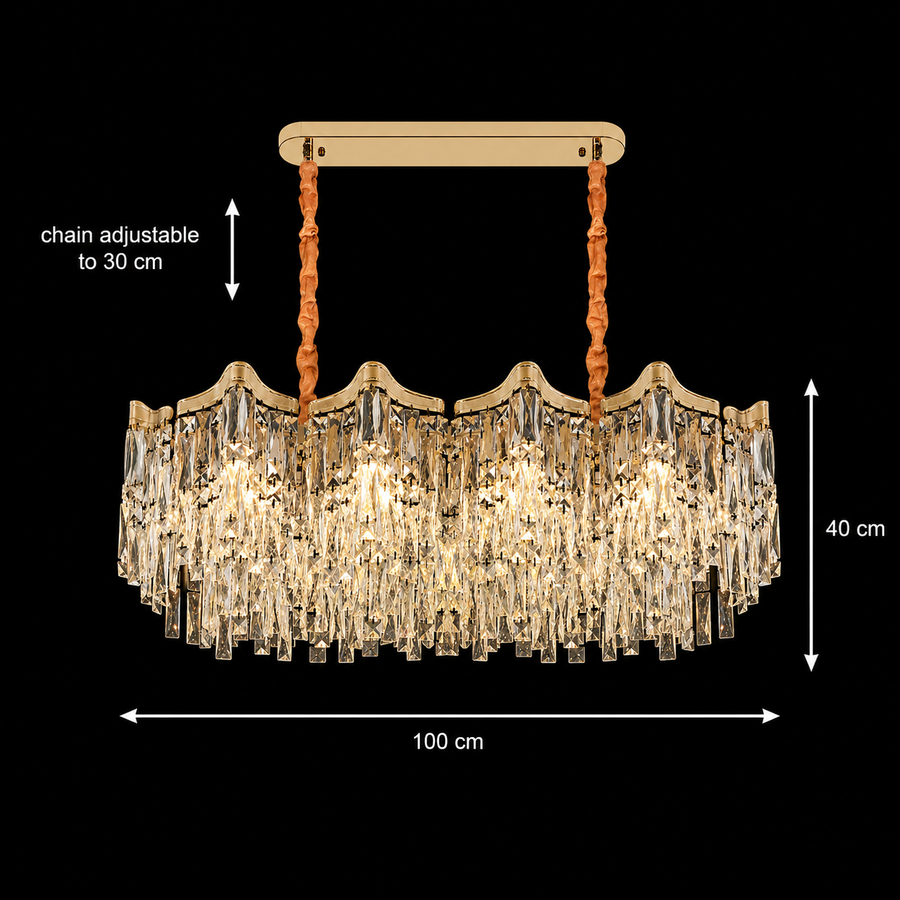 Lampadario Cristallo VETRA Supremo 15xE14, 100x35 cm, Oro, Altezza Regolabile, Metallo e Cristallo