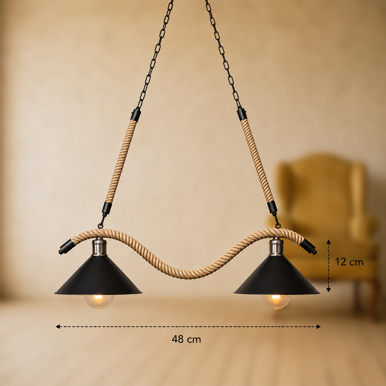Lampadario in corda, 2xE27, marrone, metallo e corda LV570/2BK Lampadari vintage Titolo predefinito Alessandro Design