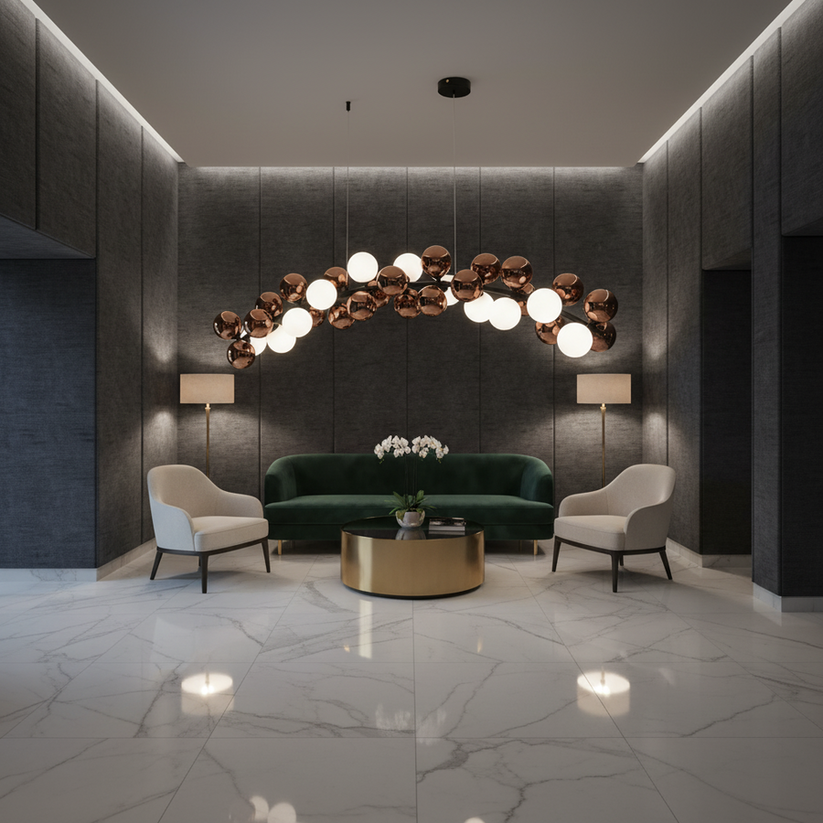 BARRO Grande Lampadario a sospensione, L130cm, 11x G9, oro rosa, metallo e vetro