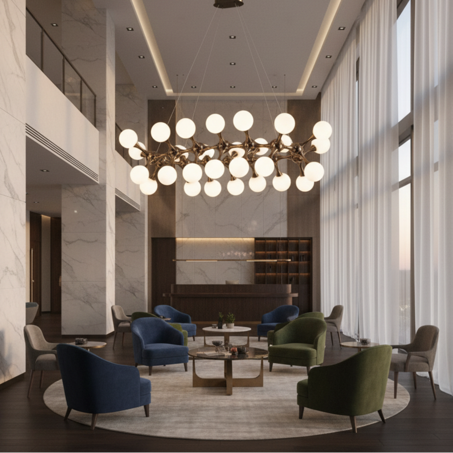 ELEKTRA Grande Lampadario a Sospensione, Ø120cm, 20xG9, Oro, Metallo e Vetro