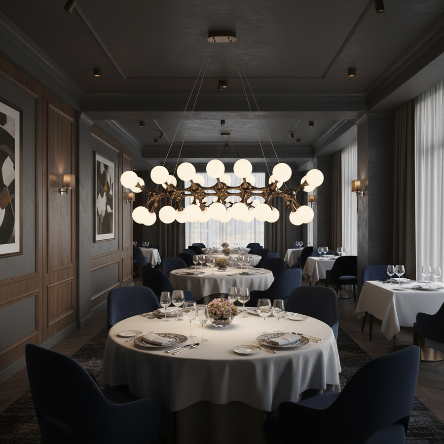 ELEKTRA Grande Lampadario a Sospensione, Ø120cm, 20xG9, Oro, Metallo e Vetro