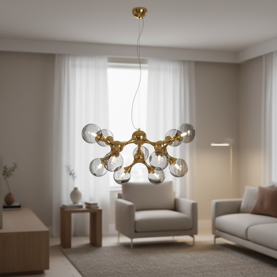 Lampadario Sospeso ELEKTRA Altiera, Ø65cm, 9xG9, Oro, Metallo e Vetro