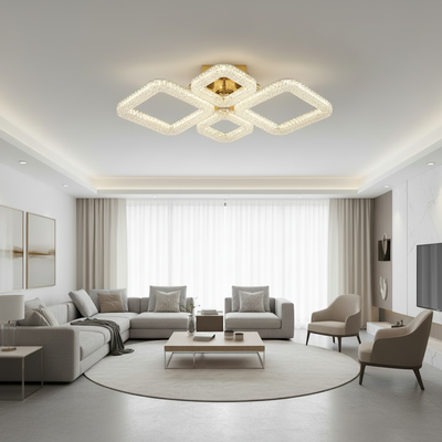 RENATO Eleganza Lampadario LED con telecomando e cristallo, 73W, 4 Quadrati, Luce Fredda/Calda/Neutra, Dimmerabile, Oro