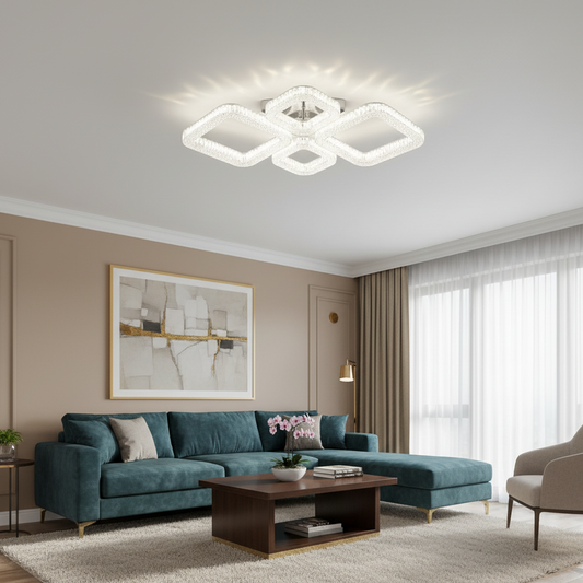 Lampadario LED MOND Elegance con telecomando e cristallo, 72W, 4 Quadrati, Luce Fredda/Calda/Neutra, Dimmerabile, Bianco