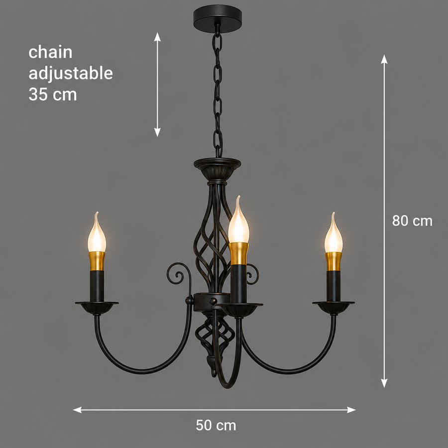 Lampadario ANJOUX Elegance, 3xE14, diametro 50 cm, nero, altezza regolabile, metallo
