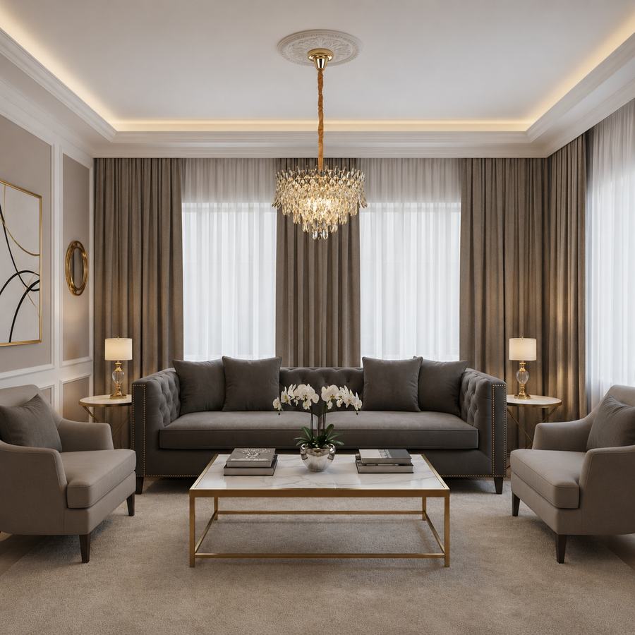 Lampadario in Cristallo MONARCH Elegance 3xE14, Diametro 50cm, Altezza 35cm, Oro Lucido, Altezza Regolabile, Design Elegante