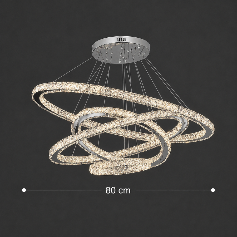 Lustra LED cu Telecomanda PRISM Luminis, Cristal si Metal, 210W, 4 Cercuri, Dimabila, Lumina Rece/Calda/Neutra, Iluminat Luxos
