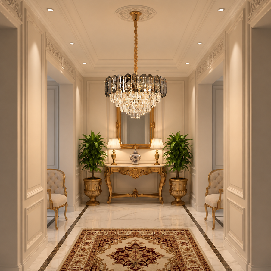 Lampadario Cristallo AURUM Petito 3xE14, Diametro 30cm, Altezza 28cm, Oro Lucido, Altezza Regolabile, Design Elegante