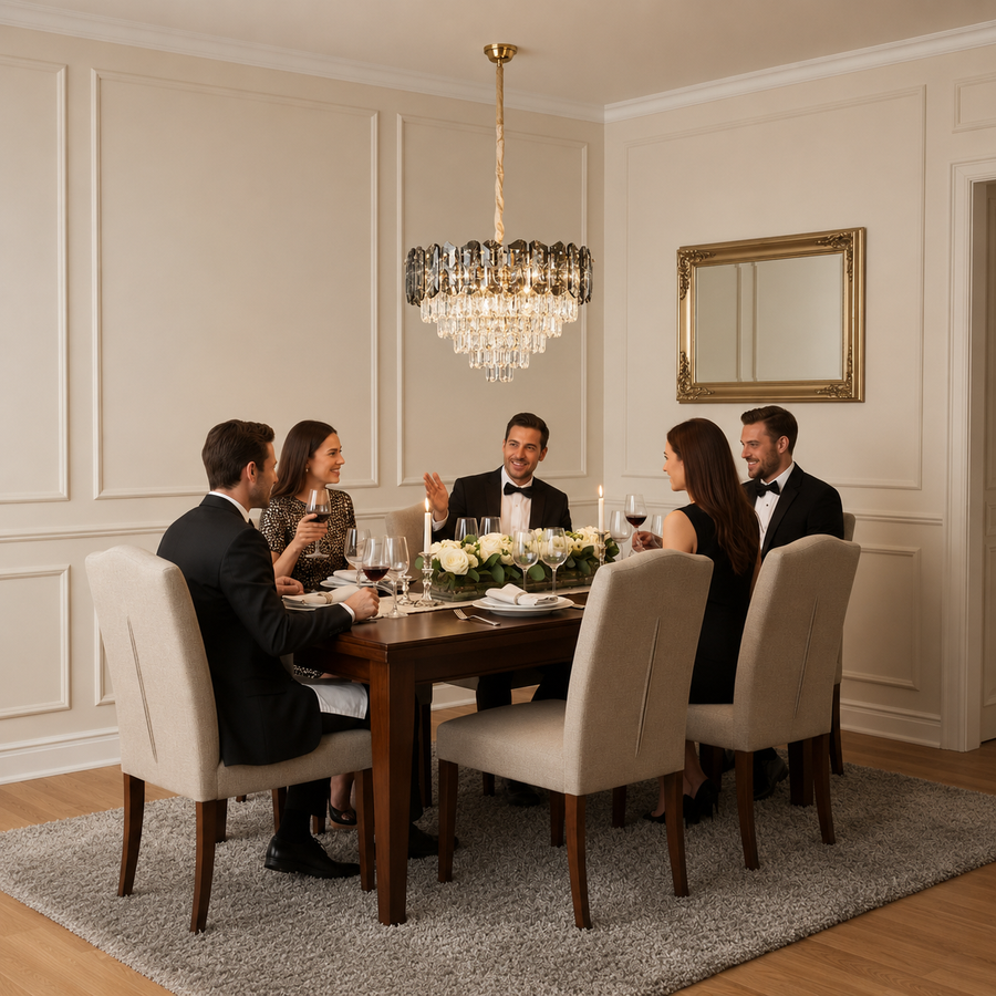 Lampadario Cristallo AURUM Eleganza 9xE14, Diametro 50cm, Altezza 35cm, Oro Lucido, Altezza Regolabile, Design Elegante
