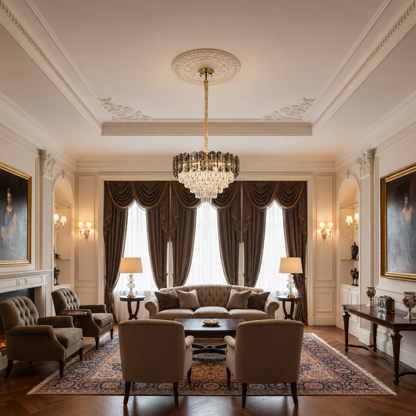 Lampadario Cristallo AURUM Eleganza 9xE14, Diametro 50cm, Altezza 35cm, Oro Lucido, Altezza Regolabile, Design Elegante