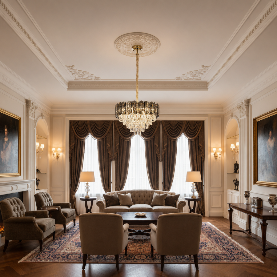Lampadario Cristallo AURUM Eleganza 9xE14, Diametro 50cm, Altezza 35cm, Oro Lucido, Altezza Regolabile, Design Elegante