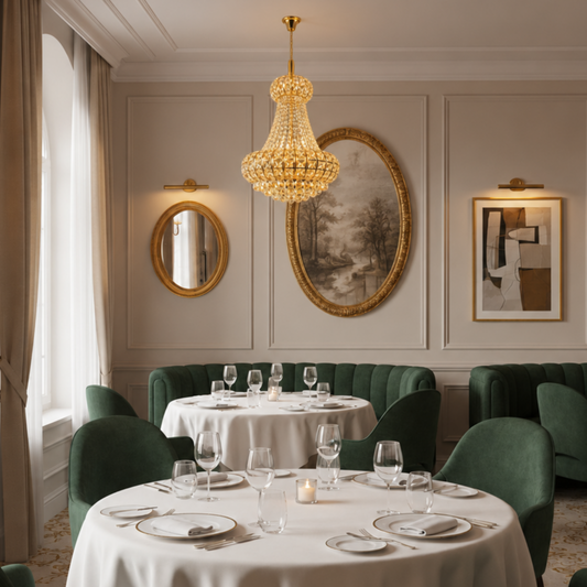 Lampadario Cristallo CASTRUM Eleganza 9xE14, D50 cm, Oro, Altezza Regolabile, Metallo e Cristallo