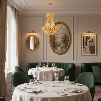 Lampadario Cristallo CASTRUM Eleganza 9xE14, D50 cm, Oro, Altezza Regolabile, Metallo e Cristallo