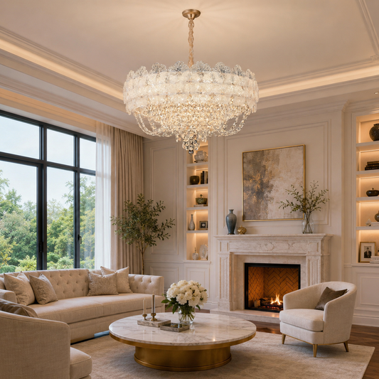 Lampadario in Cristallo CROWN Elegance 9xE14, Diametro 50cm, Altezza 41cm, Oro Lucido, Altezza Regolabile, Design Elegante Lampadario in Cristallo Titolo predefinito Alessandro Design