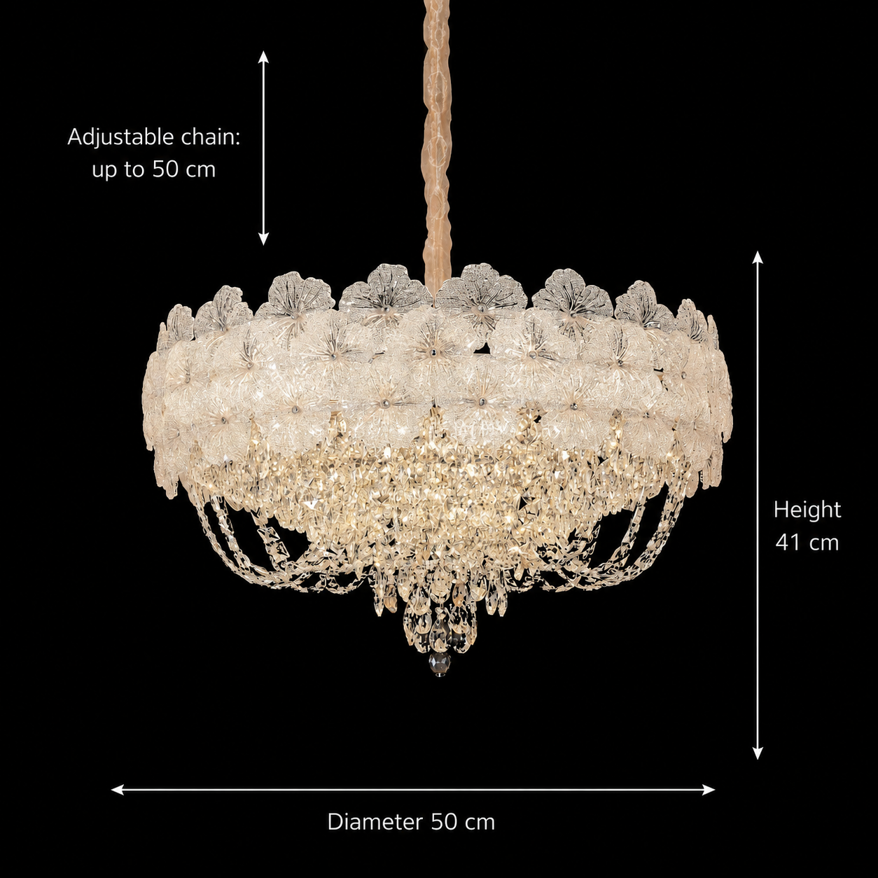 Lampadario in Cristallo CROWN Elegance 9xE14, Diametro 50cm, Altezza 41cm, Oro Lucido, Altezza Regolabile, Design Elegante Lampadario in Cristallo Titolo predefinito Alessandro Design