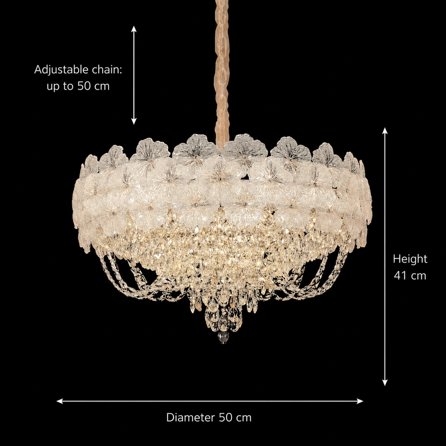Lampadario in Cristallo CROWN Elegance 9xE14, Diametro 50cm, Altezza 41cm, Oro Lucido, Altezza Regolabile, Design Elegante Lampadario in Cristallo Titolo predefinito Alessandro Design